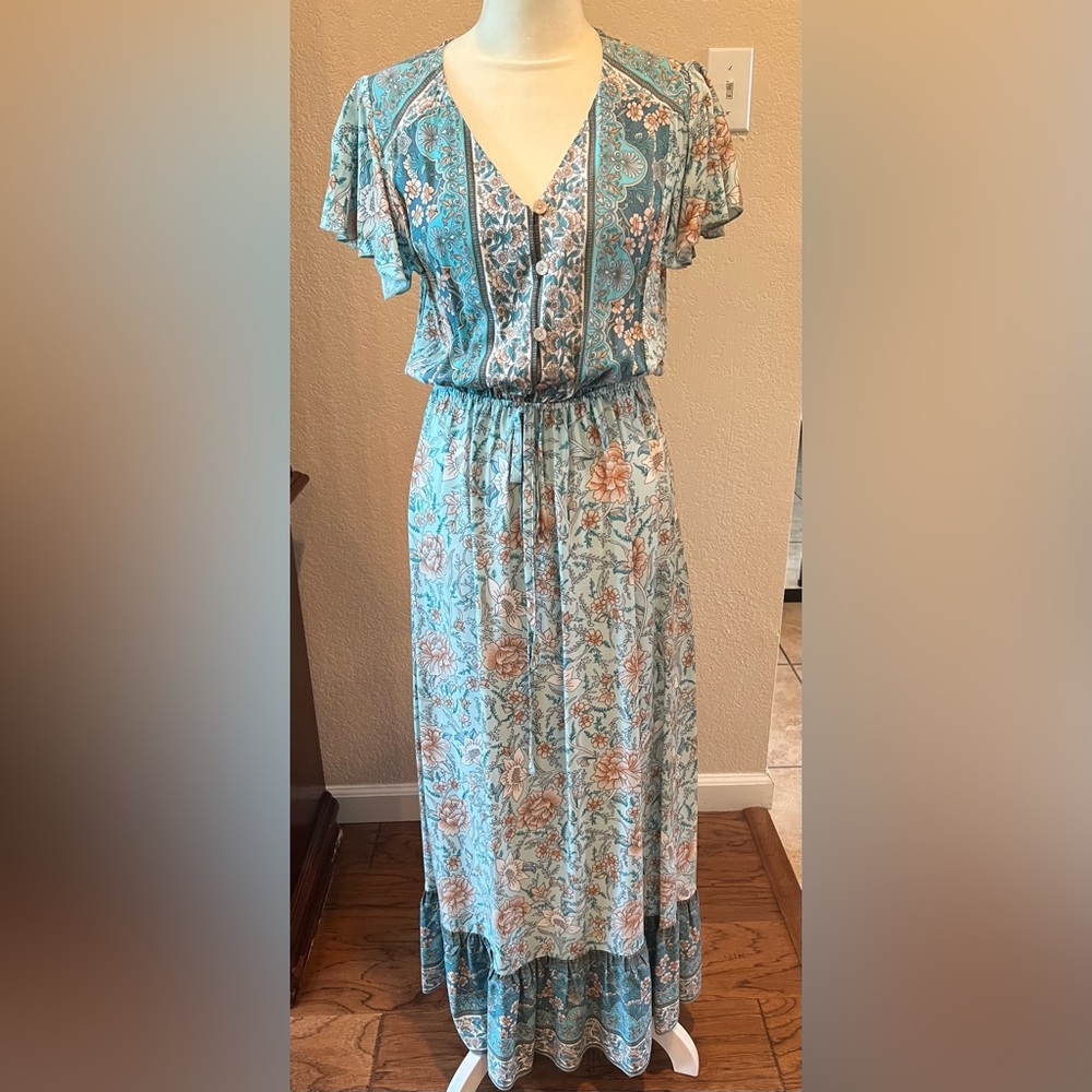 Chic Floral V-Neck Maxi Dress in Blue and Brown